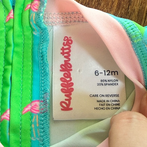 Ruffle Butts Green Flamingo Print Kids Swimwear - Picture 12 of 12